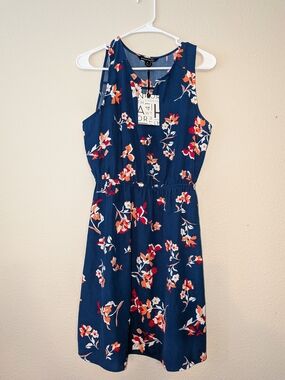 41 Hawthorn Blue Floral Tank Dress with Red and Orange Accents